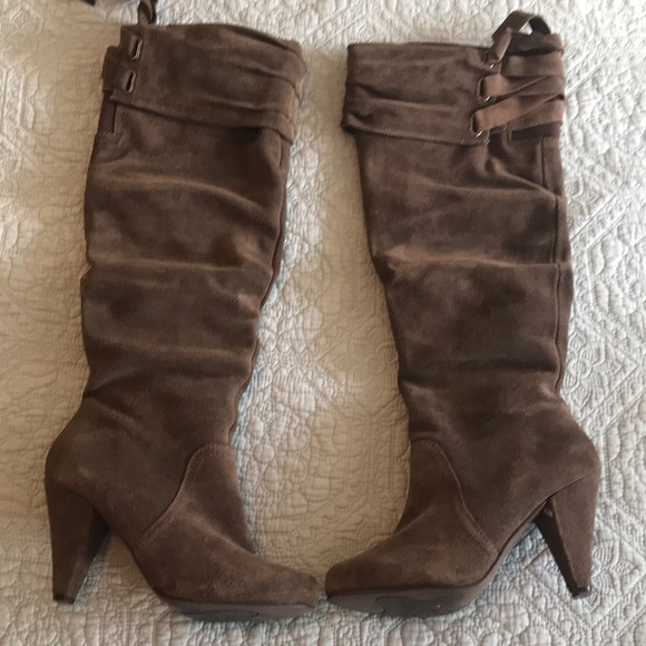 Shoes - Knee length taupe suede boots